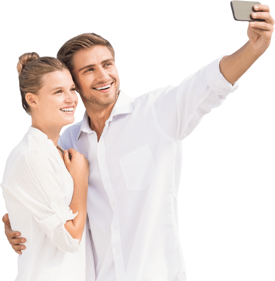 Caucasian Couple Taking Selfie on Transparent Background