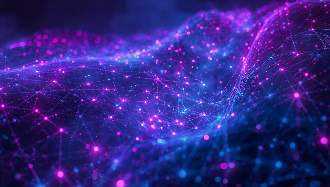 Futuristic Neon Mesh Grid with Glowing Nodes in Digital Cyberspace