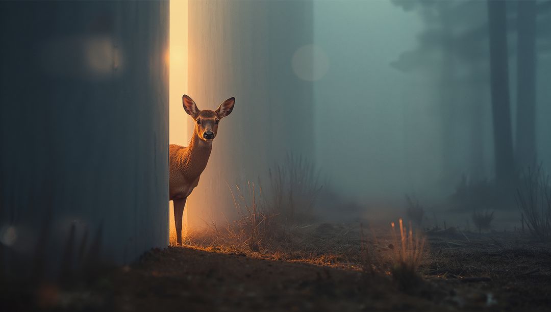Deer Peeking Behind Glowing Panel in Enigmatic Forest