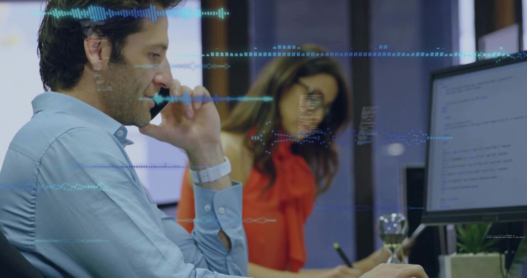 Team collaborating on code and data visualization using desktop monitor and mobile phone