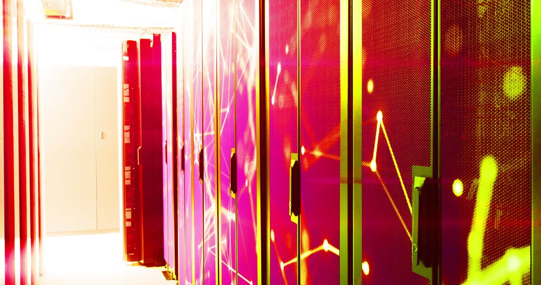 Illuminated Data Center with Neon Conceptual Overlays