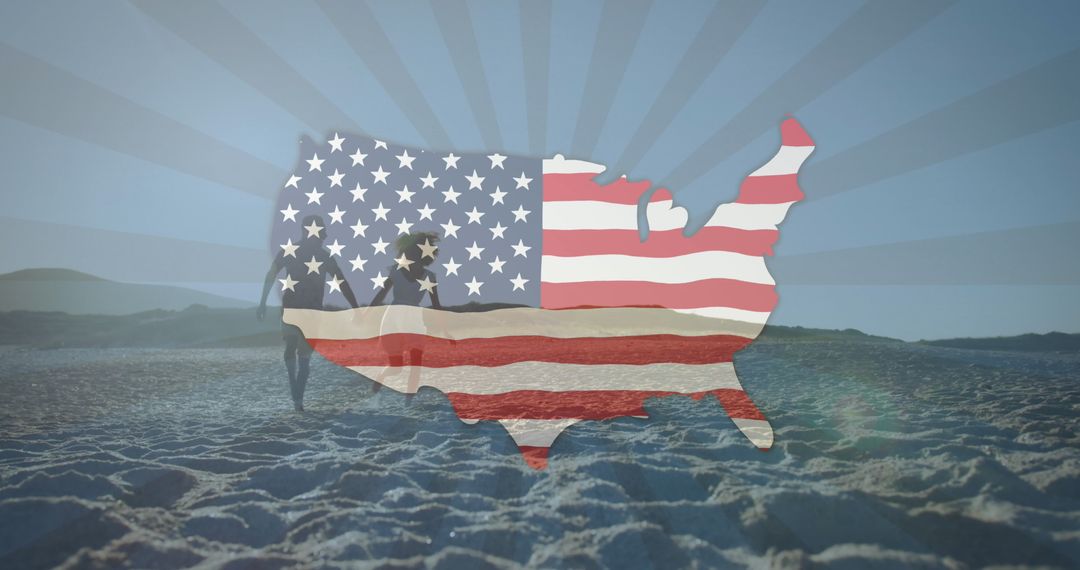 USA Map with Flag Overlay on Beach Scene