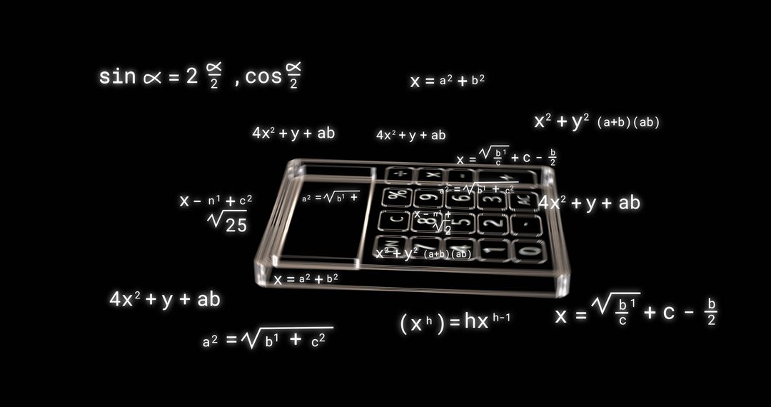 Calculator and Mathematical Equations on Black Background