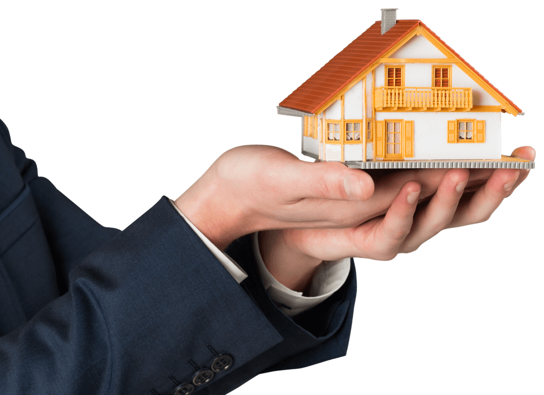 Transparent Businessman Holding Miniature House Model Symbolizing Real Estate Investment