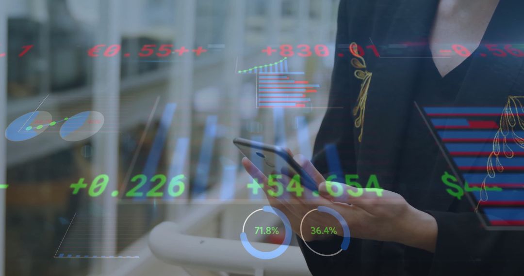 Businesswoman Analyzing Financial Data Using Smartphone Interface