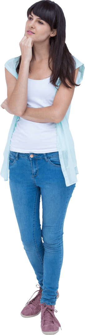 Transparent Thoughtful Woman in Casual Attire with Hand on Chin
