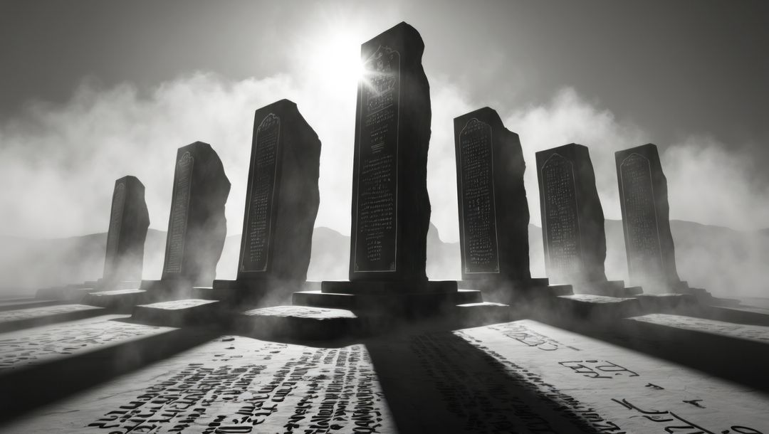 Mysterious monoliths in misty dawn with runic inscriptions, ten commandments concept