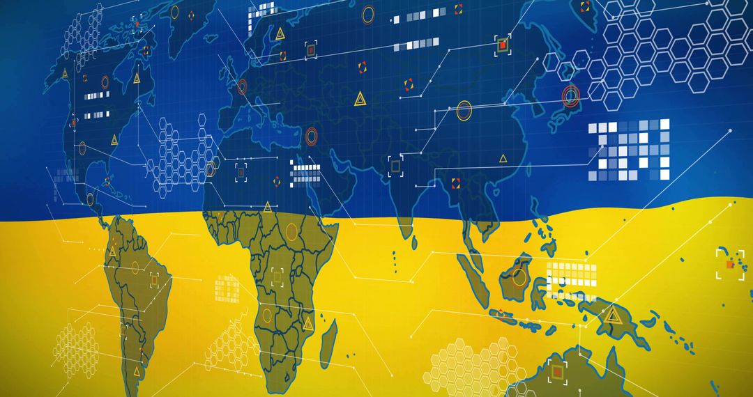 Futuristic World Map on Ukrainian Flag Background: Global Connectivity