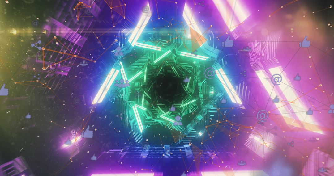 Futuristic Neon Lit Digital Tunnel with Social Media Icons