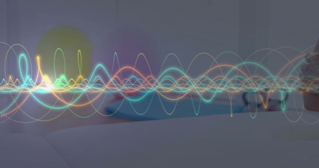 Multicolored Waveforms Overlapping Cozy Bedroom Scene