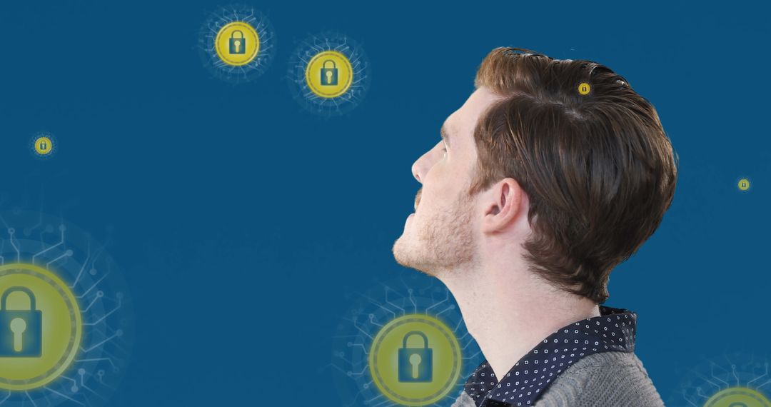 Man Contemplating Cyber Security with Floating Padlock Icons