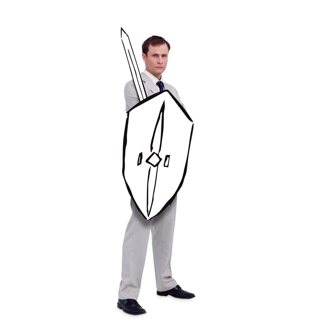 Confident Businessman with Shield and Sword on Transparent Background - Download Free Stock Images Pikwizard.com