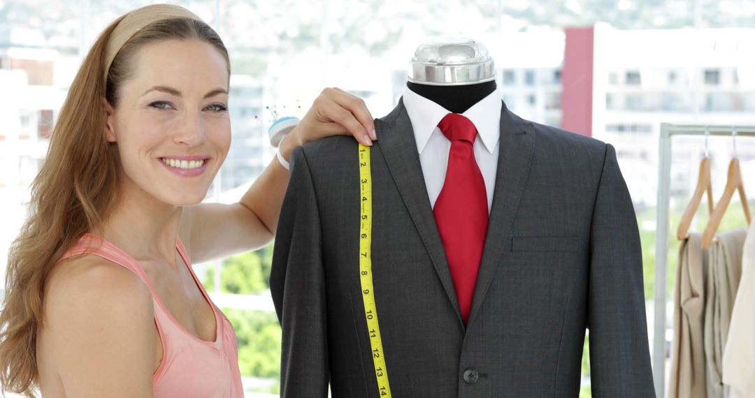 Female Tailor Smiling While Measuring Gray Suit with Red Tie in Bright Studio - Free Images, Stock Photos and Pictures on Pikwizard.com