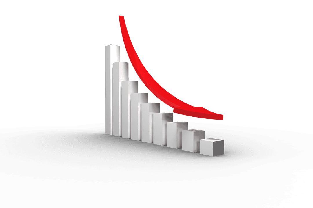 Transparent Business Decline with Red Arrow on Bar Chart