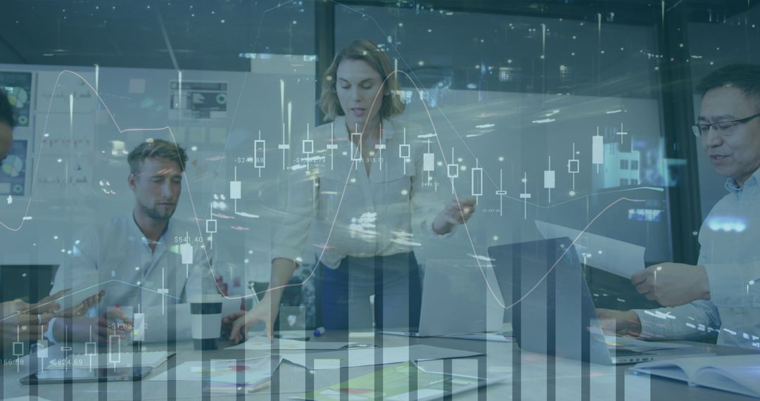 Team Collaborating on Financial Strategy with Digital Analytics Overlay