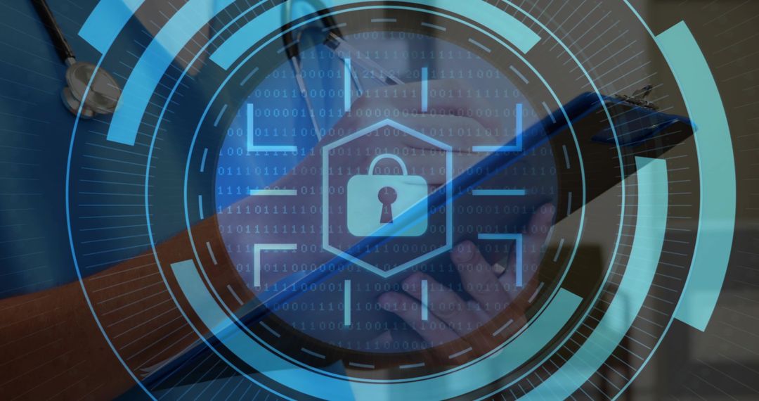 Clinician tapping tablet with digital padlock HUD for healthcare cybersecurity and telemedicine