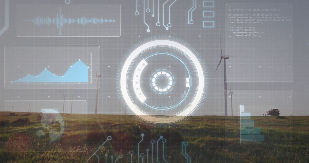 Futuristic Technology Interface on Wind Farm with Digital Data Overlay