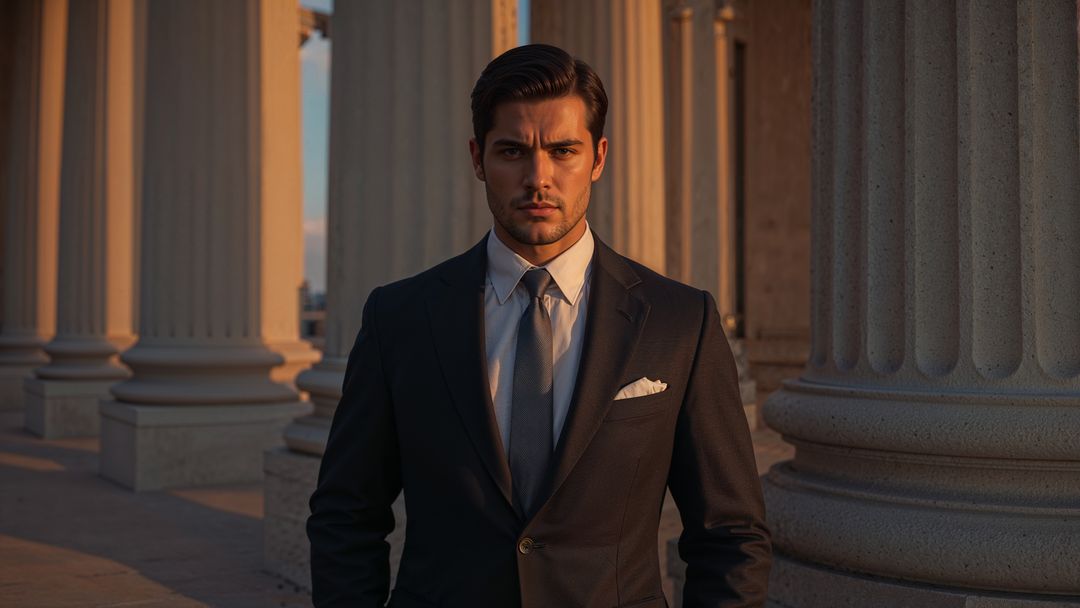 Elegant prosecutor businessman in dark suit among stone columns