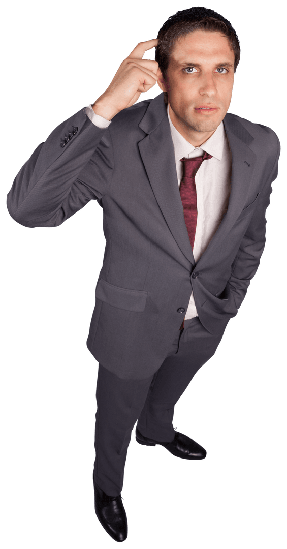 Confused Businessman in Formal Suit on Transparent Background
