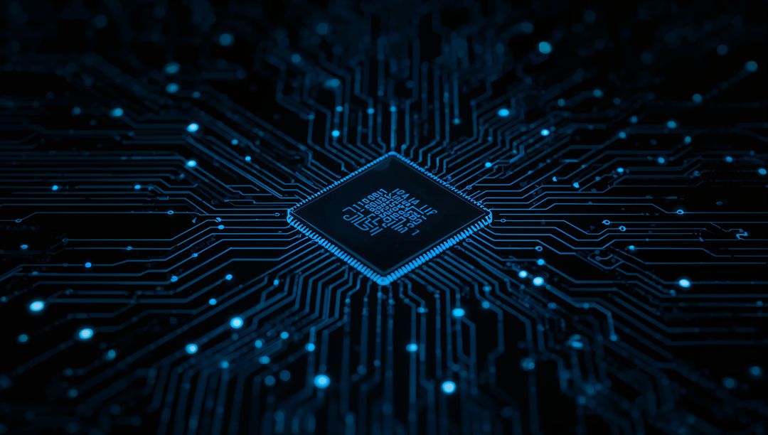 Glowing Microprocessor on Circuit Board Representing Digital Innovation