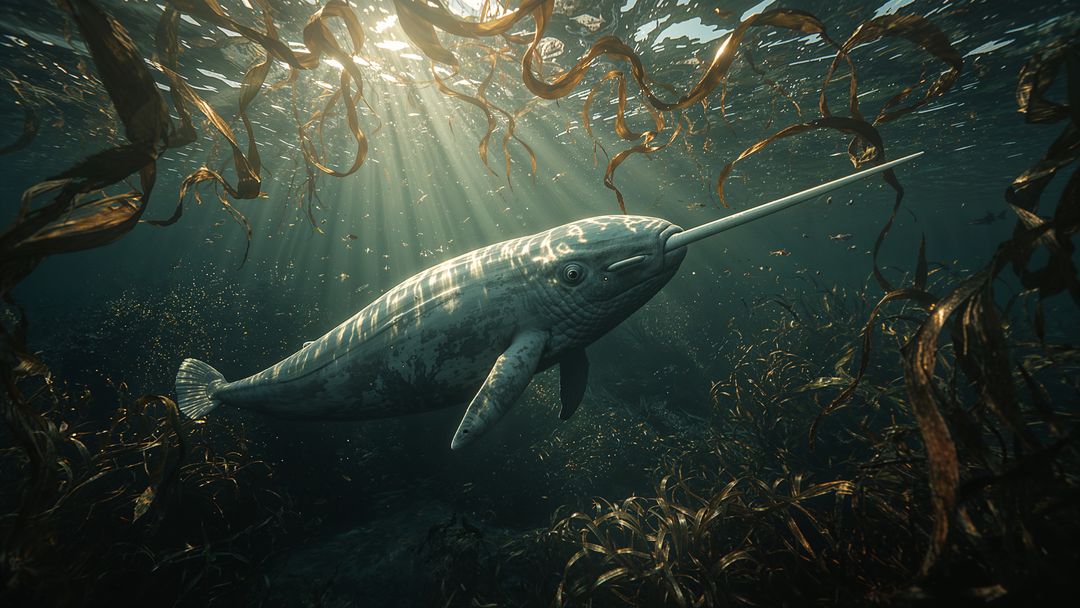 Majestic Narwhal Gliding through Mystical Underwater Kelp Forest