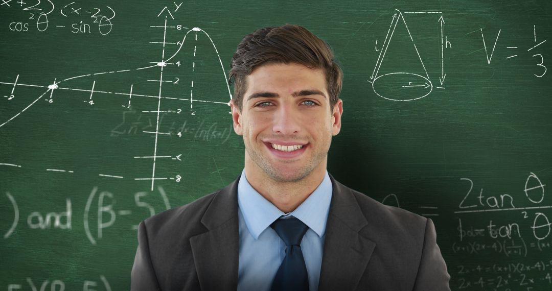 Smiling Male Educator Standing Before Chalkboard
