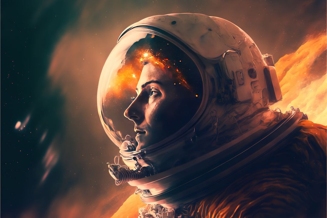 Astronaut Gazing into Vast Cosmic Horizon with Fiery Reflection