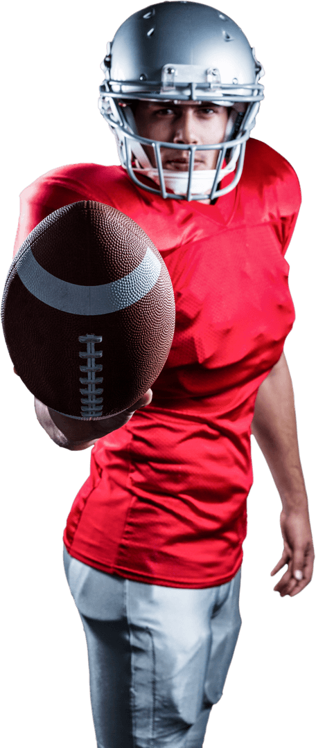 Confident American Football Player Presenting Transparent Ball