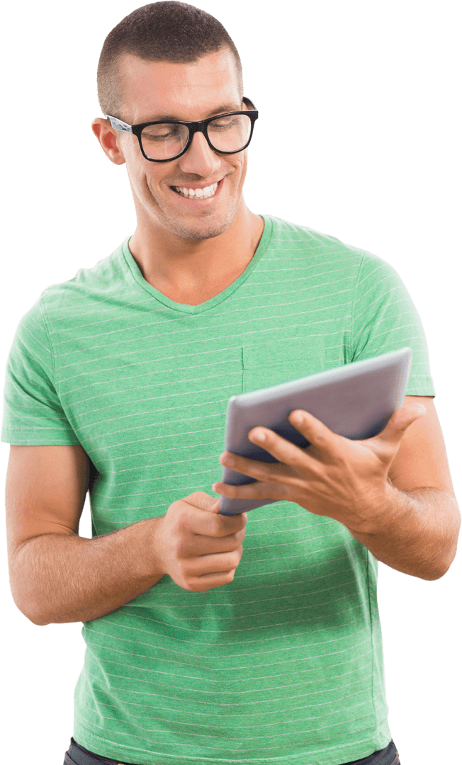 Cheerful Man with Glasses Interacting with Transparent Tablet