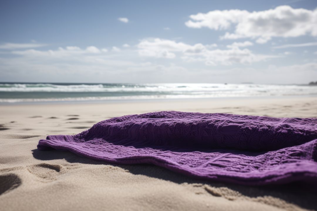 Purple towel with pattern on beach with sea and blue sky, created using generative ai technology - Free Images, Stock Photos and Pictures on Pikwizard.com