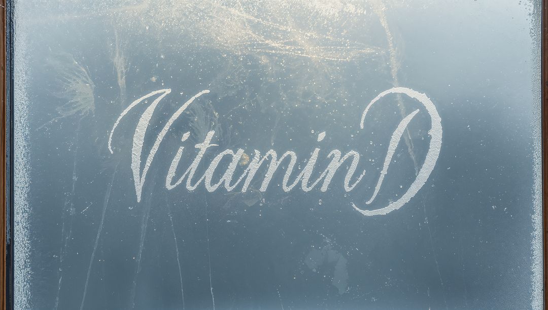 Cursive Vitamin D script etching on frosted glass door backlit by morning sunlight