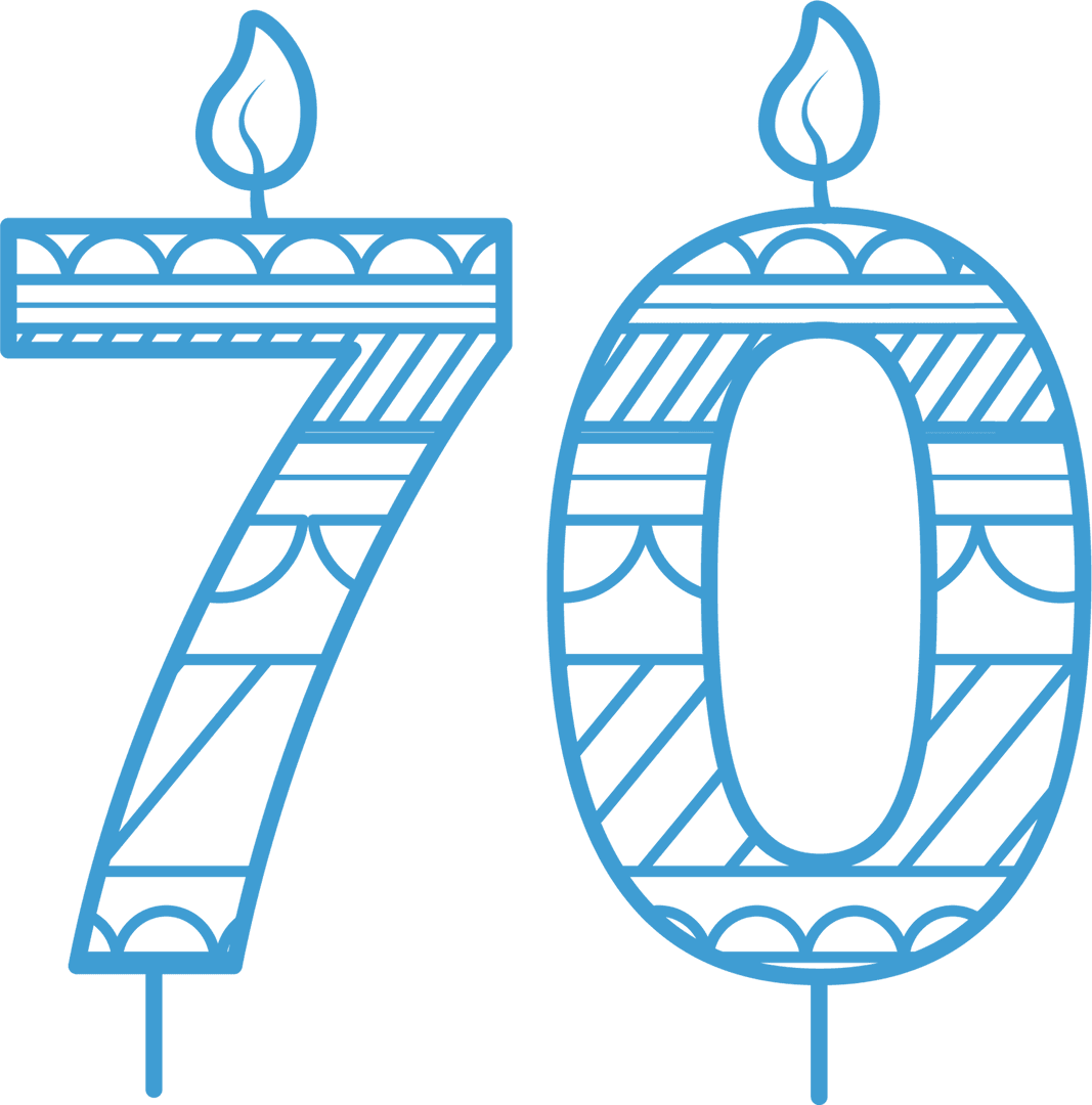 Blue 70 Birthday Candles with Decorative Pattern on Transparent Background