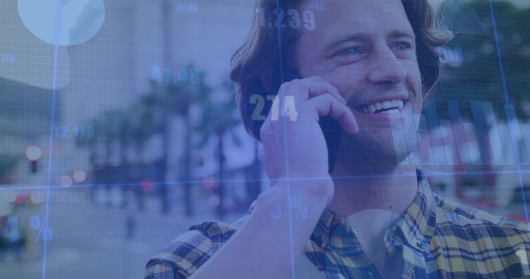 Smiling Man Communicating on Smartphone with Financial Overlay
