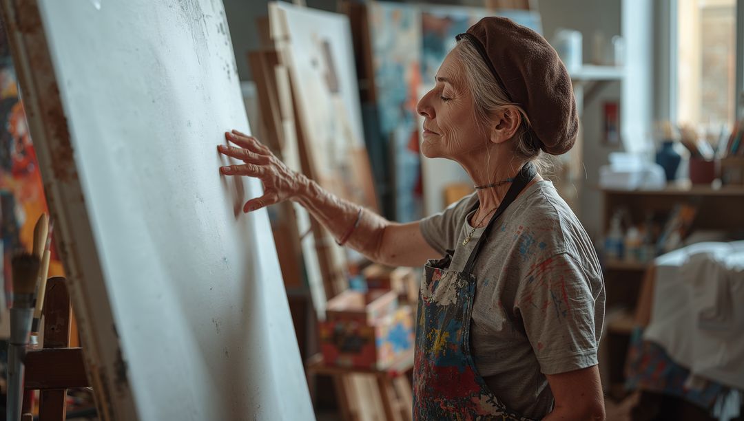Senior Artist Engaging with Blank Canvas in Artisan Studio
