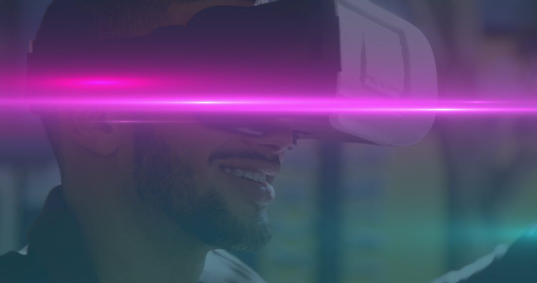Man Experiencing Virtual Reality with Vibrant Light Trails