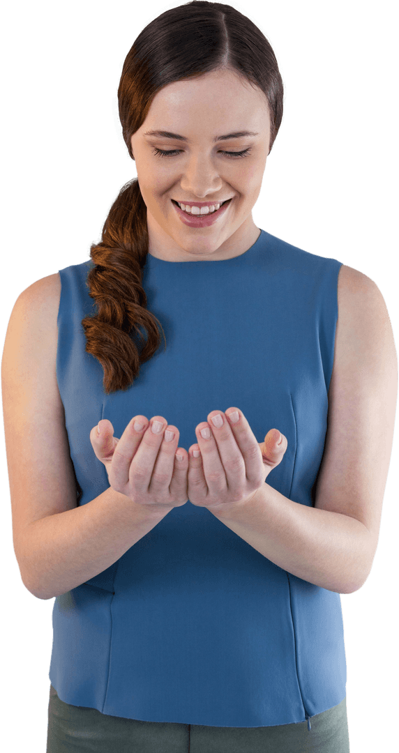 Smiling Woman Gazing at Cupped Hands on Transparent Background