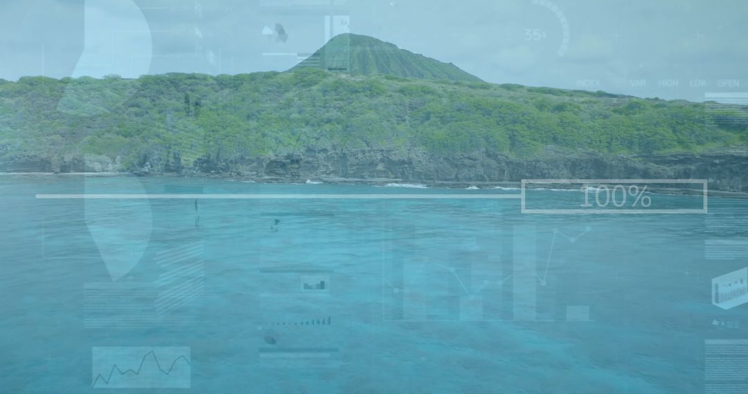 Forested Volcano Overlooking Tropical Waters with Digital Overlays