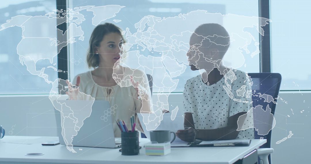 Colleagues Sharing Ideas with Global Network Concept Overlay