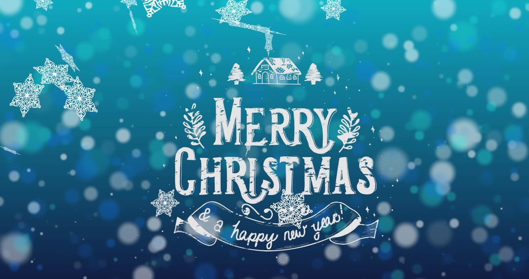 Merry Christmas Greeting with Snowflake Design on Blue Background