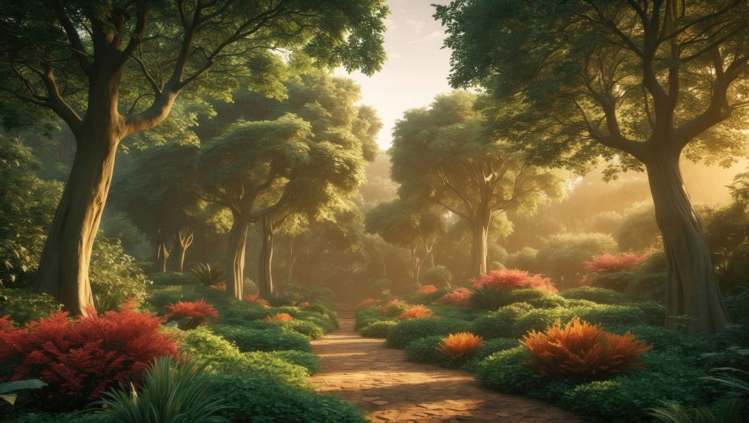 Sunlit woodland path with colorful shrub clusters, garden of eden concept