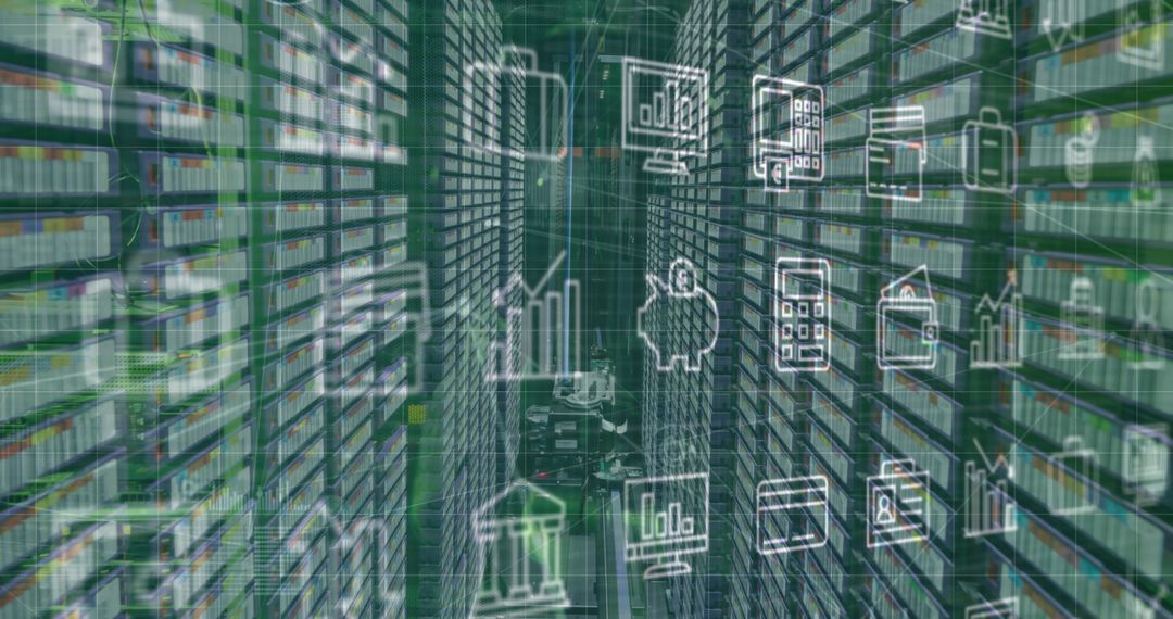 Futuristic Data Center with Digital Financial Icons