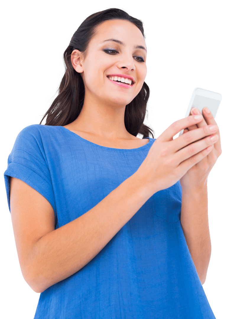 Smiling Woman Texting on Smartphone Isolated on Transparent Background