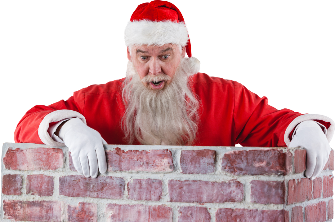 Surprised Santa Claus peeking over transparent brick wall - Download Free Stock Images Pikwizard.com