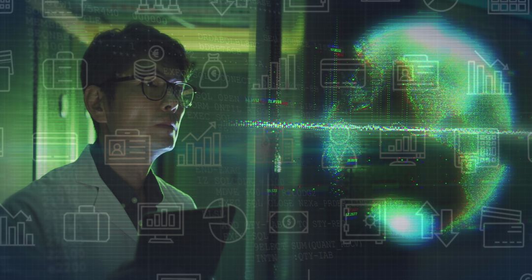 Asian IT Technician Analyzing Data with Futuristic Interface