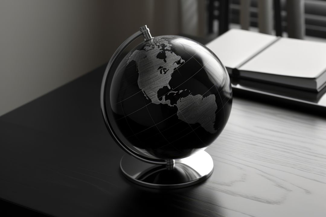 A sleek black globe sits on a polished office desk - Free Images, Stock Photos and Pictures on Pikwizard.com