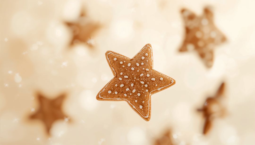 Floating star-shaped gingerbread cookie with white icing and powdered sugar on warm bokeh