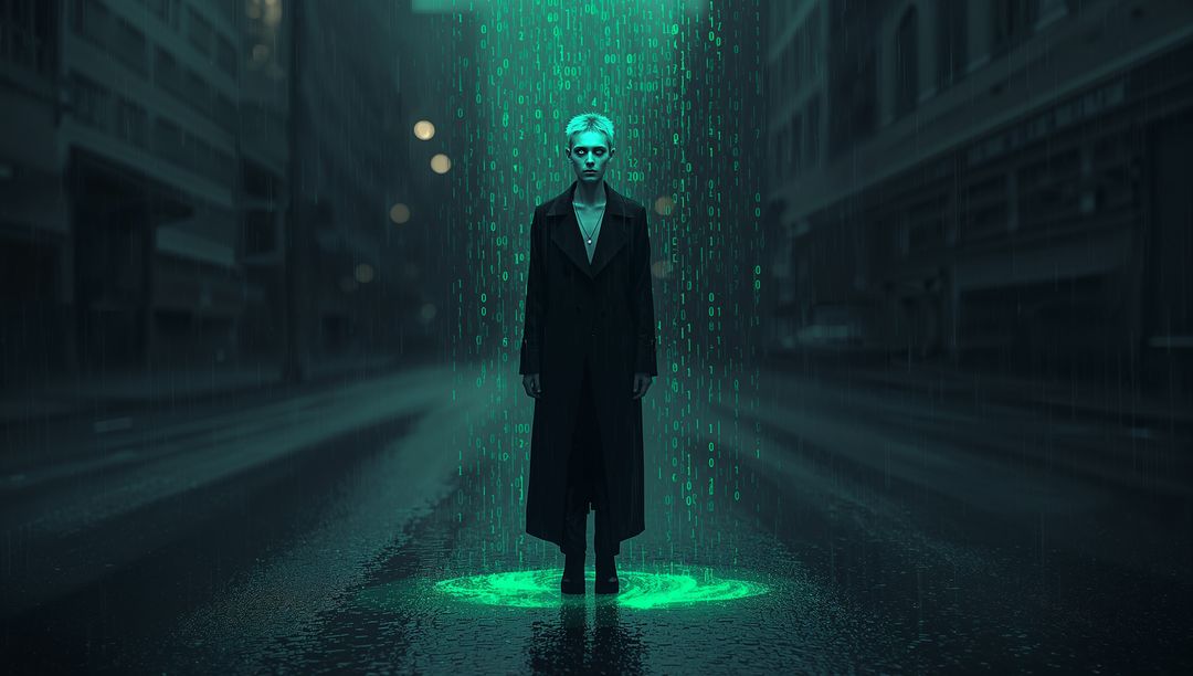 Cyberpunk man standing in trenchcoat under glowing green code rain on deserted neon street
