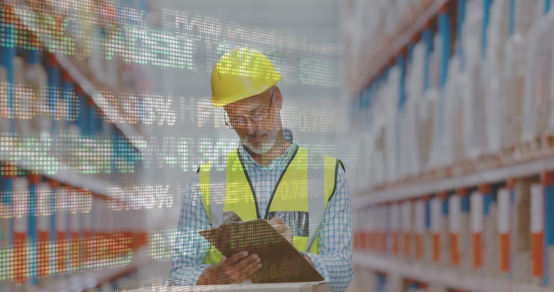 Warehouse Worker Analyzing Financial Data in Distribution Center