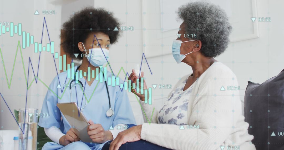 Nurse Consulting Senior Patient with Data Chart Overlay