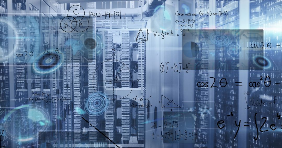 Engineers Working in Data Center with Holograms Superimposed